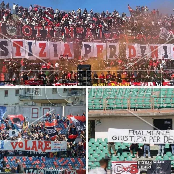 Cosenza, maglie numero 8 e striscioni per Denis Bergamini prima della sfida con il Sudtirol