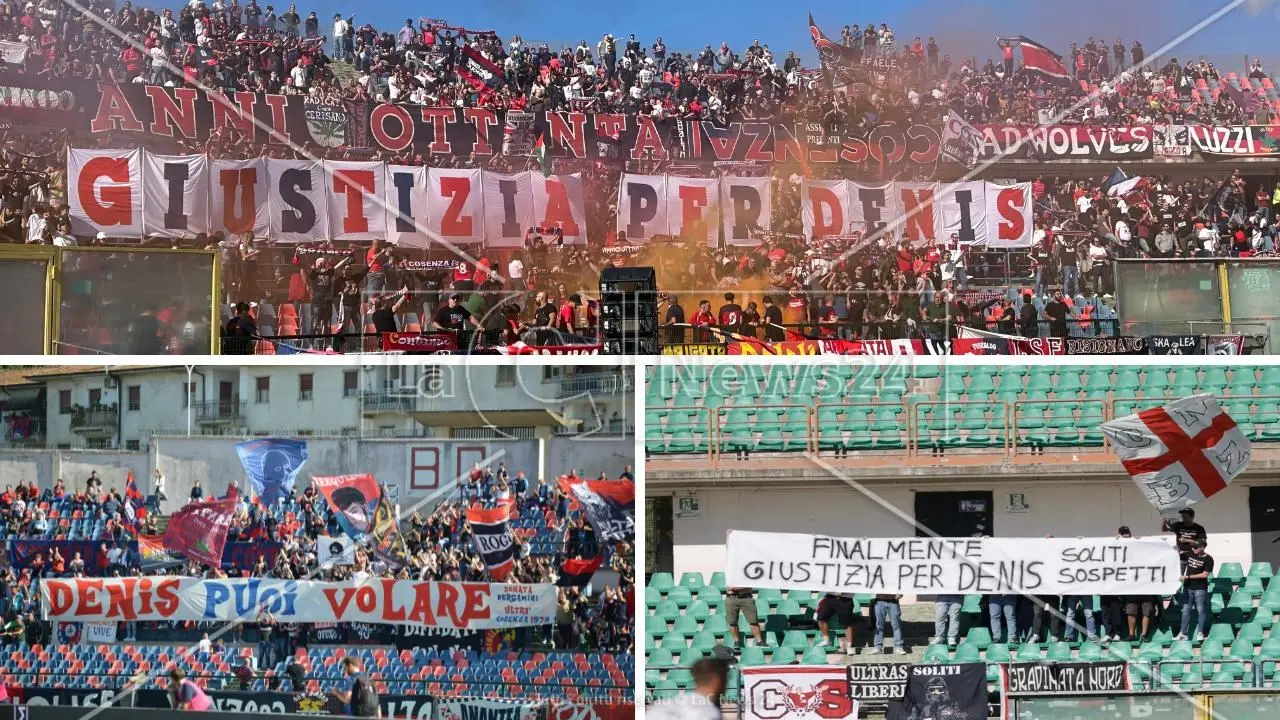 Cosenza, maglie numero 8 e striscioni per Denis Bergamini prima della sfida con il Sudtirol