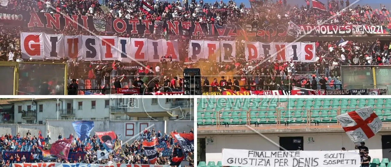 Cosenza, maglie numero 8 e striscioni per Denis Bergamini prima della sfida con il Sudtirol