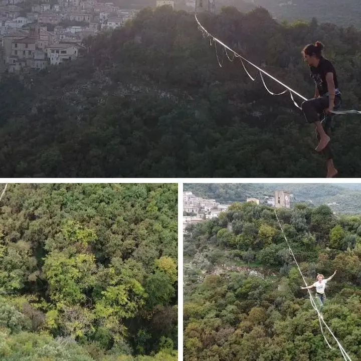 Camminare su una fune larga 2 centimetri e lunga 200 metri: il nuovo record calabrese a Mendicino