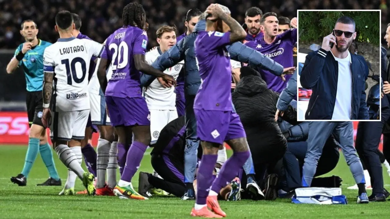 Il momento del malore di Bove, nel riquadro il compagno di squadra De Gea al Careggi