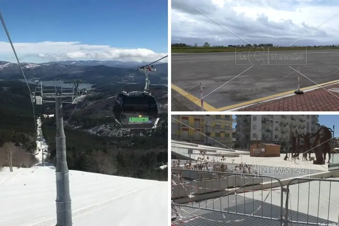 <p>A sinistra, gli impianti di Lorica. A destra, dall&#39;alto: l&#39;aviosuperficie di Scalea e piazza Bilotti a Cosenza</p>\\n