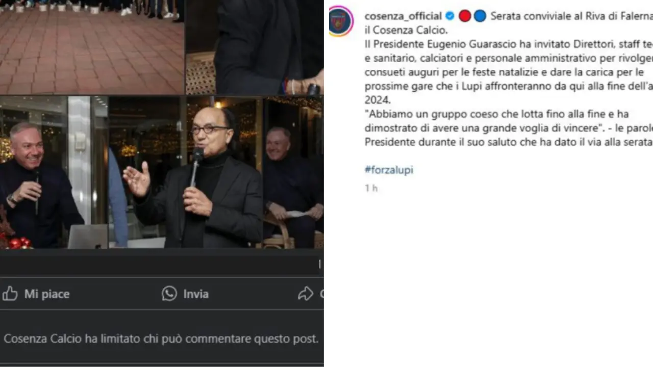 Cosenza Calcio, lupi alla festa di Natale insieme al presidente Guarascio: ma la società blocca i commenti sui social