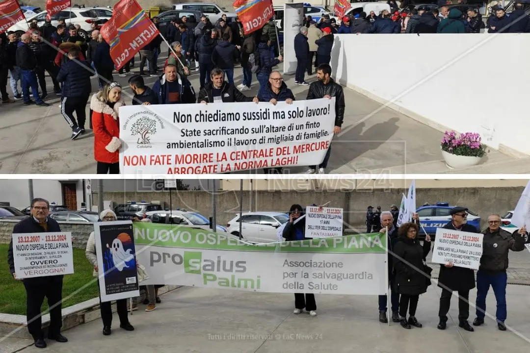 Le proteste messe in atto davanti a Palazzo Campanella dal comitato pro ospedale della Piana e dai lavoratori della centrale del Mercure