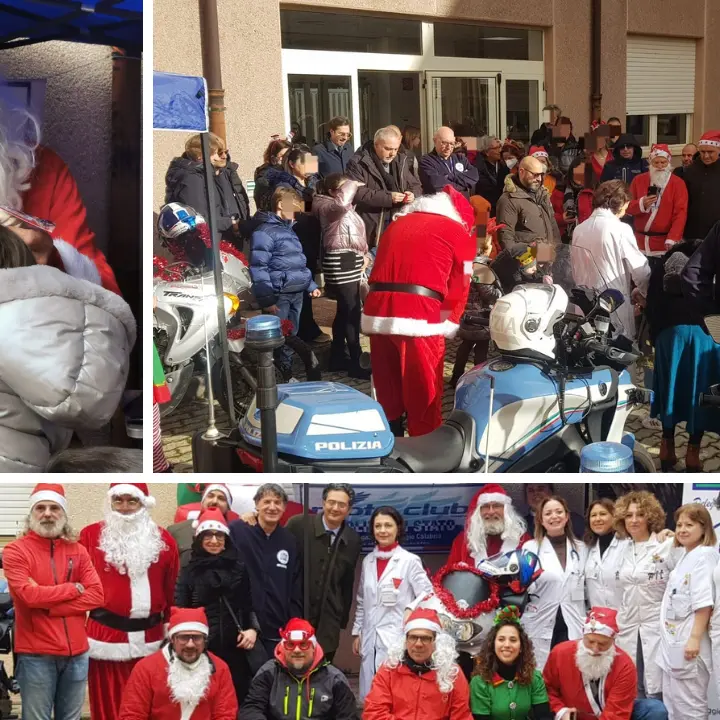 Reggio, i Babbo Natale in moto della Polizia regalano sorrisi ai bimbi della Oncoematologia pediatrica del Gom