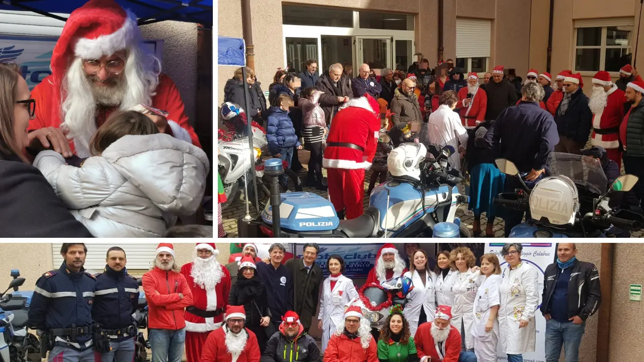 Reggio, i Babbo Natale in moto della Polizia regalano sorrisi ai bimbi della Oncoematologia pediatrica del Gom