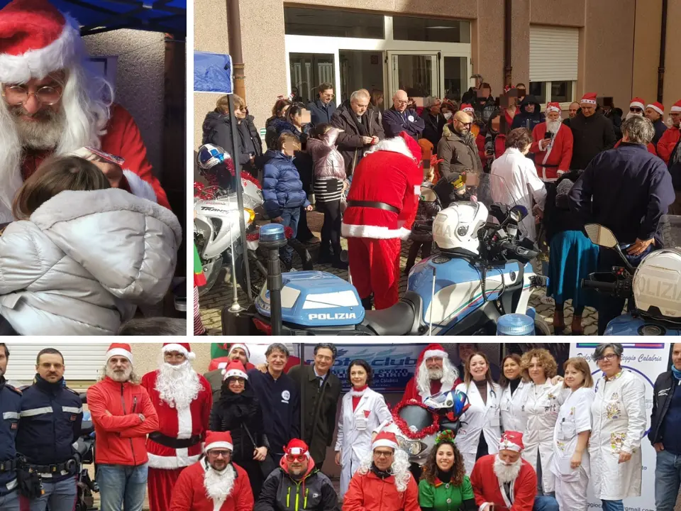 Reggio, i Babbo Natale in moto della Polizia regalano sorrisi ai bimbi della Oncoematologia pediatrica del Gom