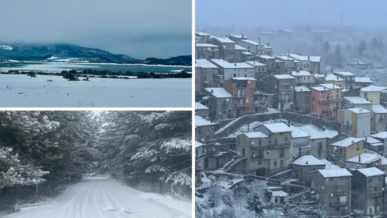 <p>A sinistra, dall&#39;alto: il lago Lacima imbiancato nelle Serre Vibonesi e la Sila Greca. A destra, il centro storico di San Giovanni in Fiore dopo la nevicata della scorsa notte</p>\\n