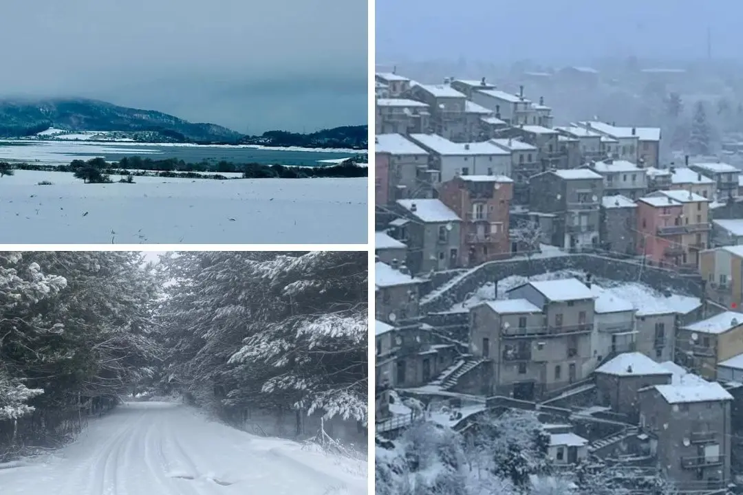 <p>A sinistra, dall&#39;alto: il lago Lacima imbiancato nelle Serre Vibonesi e la Sila Greca. A destra, il centro storico di San Giovanni in Fiore dopo la nevicata della scorsa notte</p>\\n