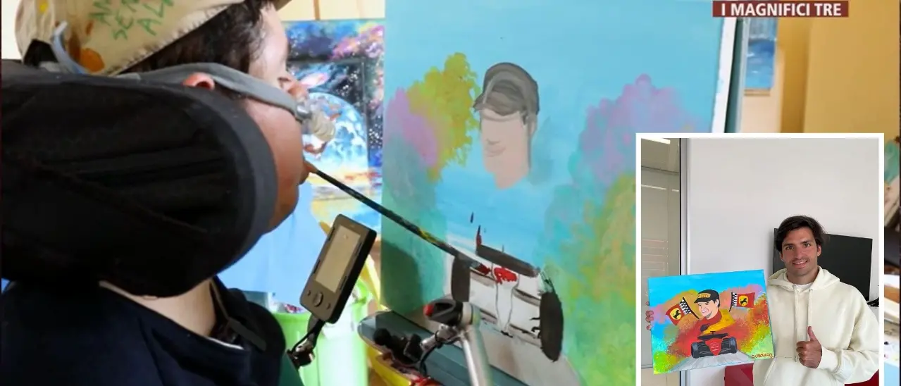 Dalla Calabria un dono speciale per Sainz, al pilota Ferrari un quadro realizzato da un ragazzo “super” (che dipinge con la bocca)\n