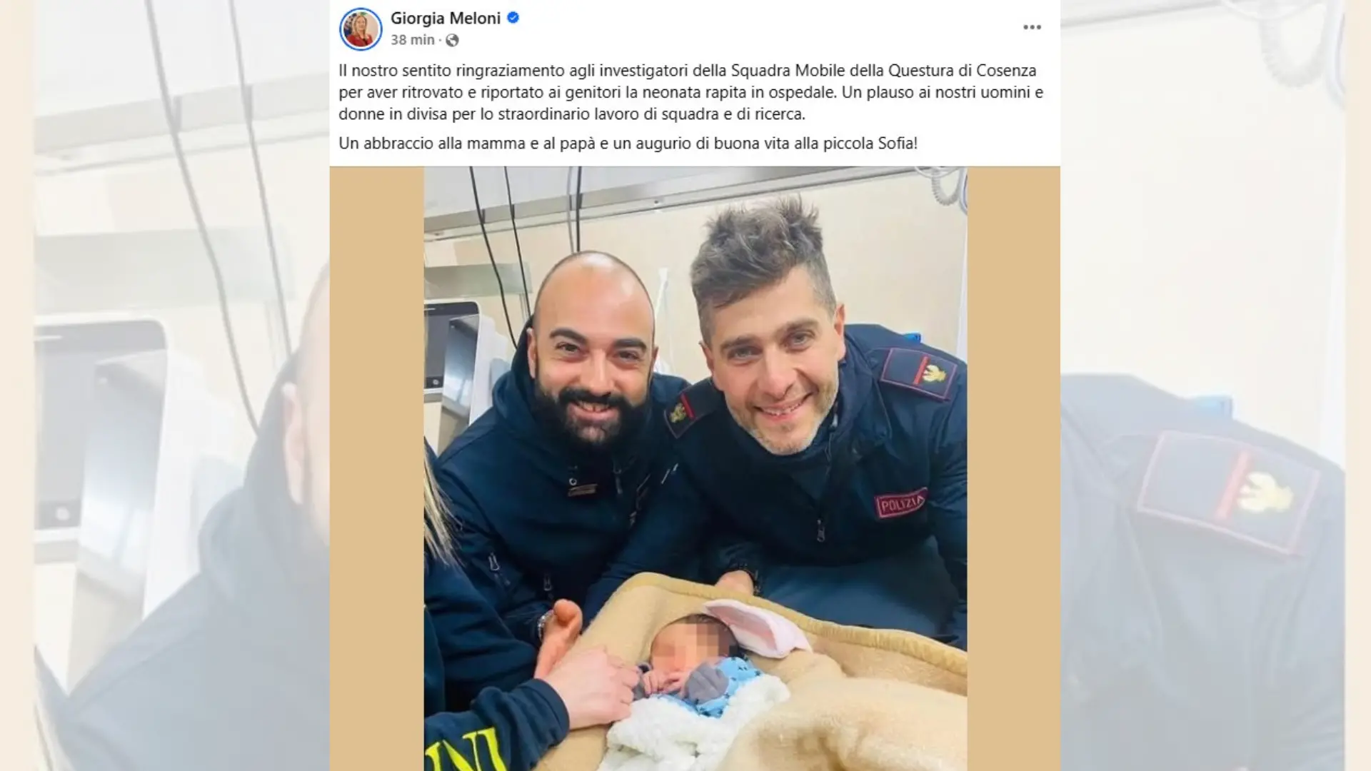 Neonata rapita a Cosenza, il grazie della premier Meloni agli agenti e l’augurio: «Buona vita alla piccola Sofia!»