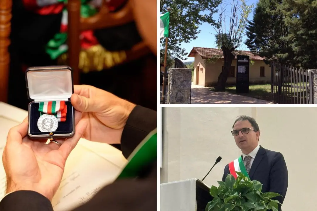<p>A sinistra la Medaglia d&#39;argento al valore civile attribuita al Comune di Tarsi. A destra, dall&#39;alto: il Campo di Ferramonti e il sindaco Roberto Ameruso</p>\\n