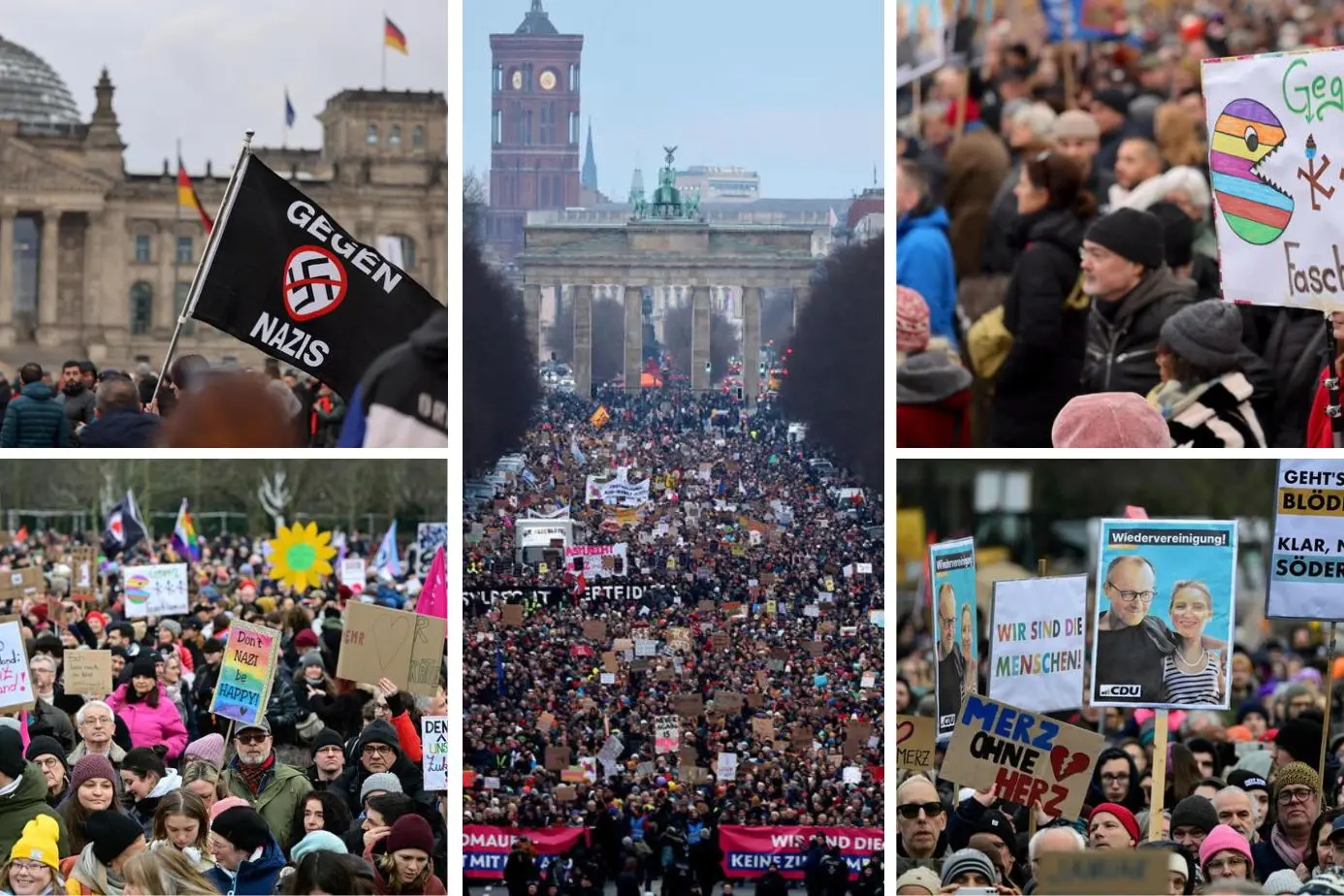 <p>La piazza di Berlino che dice no all&#39;estrema destra (foto Ansa)</p>\\n