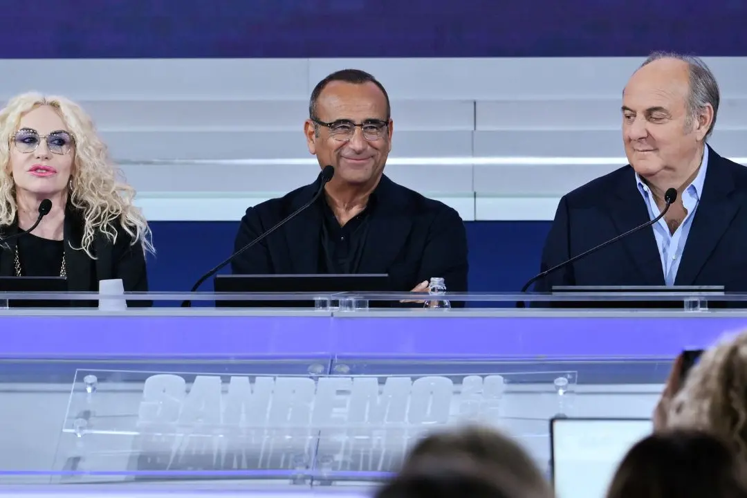 Antonella Clerici, Carlo Conti e Gerry Scotti in conferenza-stampa