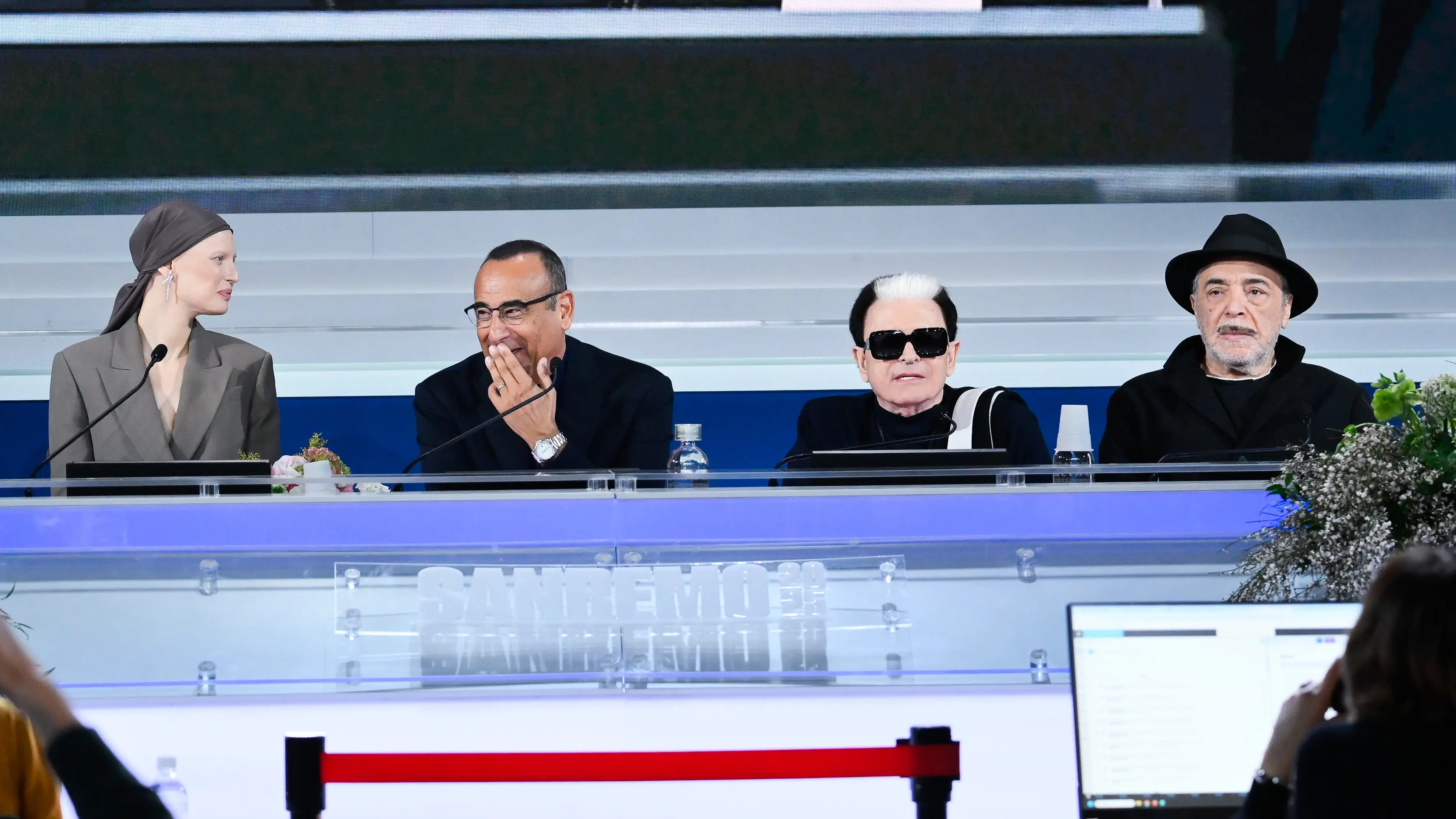 Conferenza stampa conduttori della seconda serata, da sinistra: Bianca Balti, Carlo Conti, Cristiano Malgioglio e Nino Frassica , Pool Sanremo 01