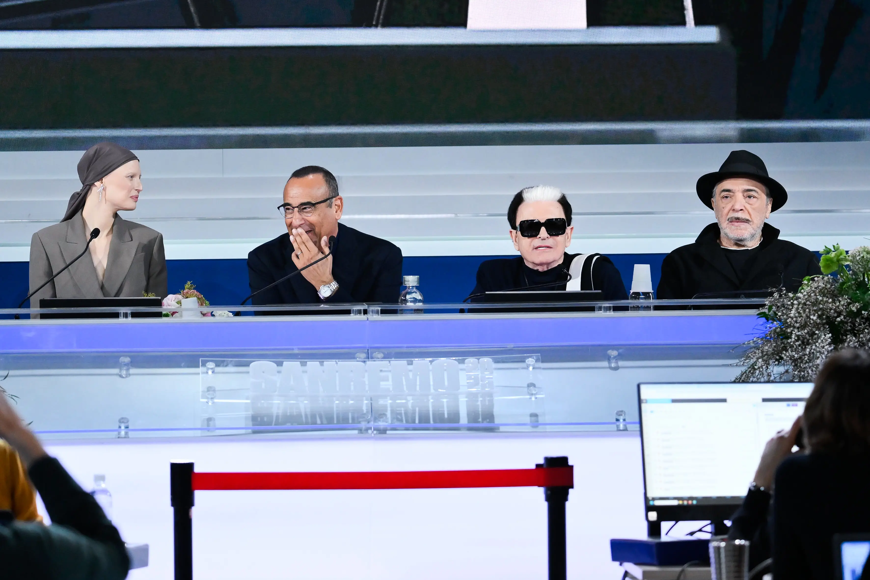 Conferenza stampa conduttori della seconda serata, da sinistra: Bianca Balti, Carlo Conti, Cristiano Malgioglio e Nino Frassica , Pool Sanremo 01