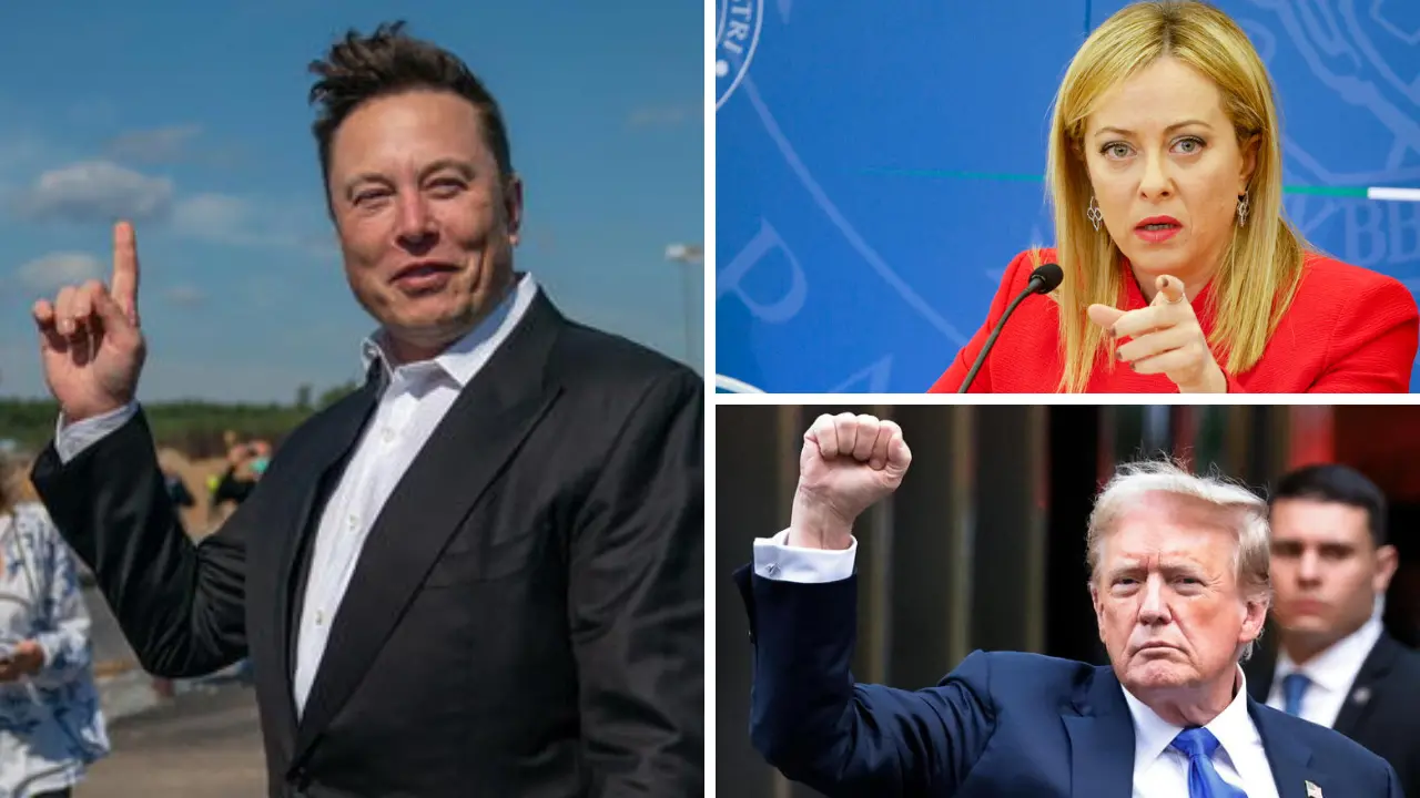 <p>Da sinistra in senso orario: Musk, Meloni e Trump</p>\\n