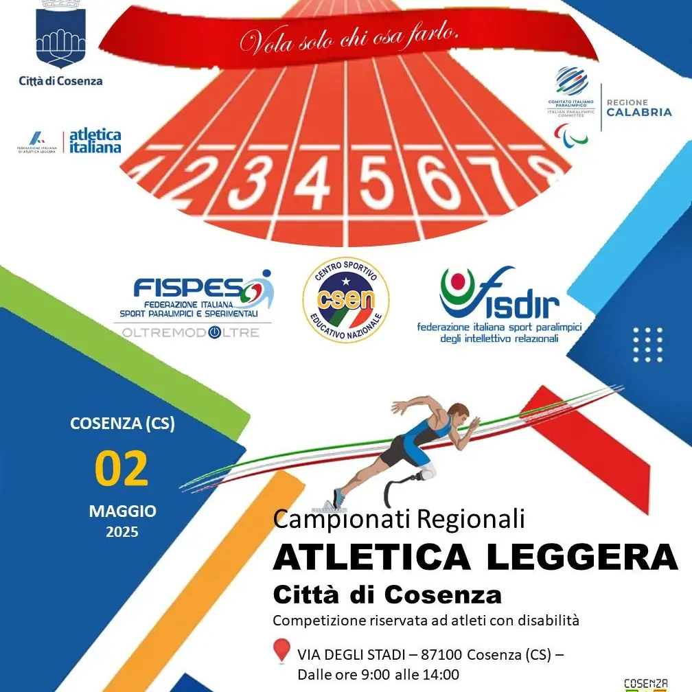 Atletica leggera, Cosenza ospita i campionati regionali per atleti con disabilità: appuntamento il 2 maggio\n