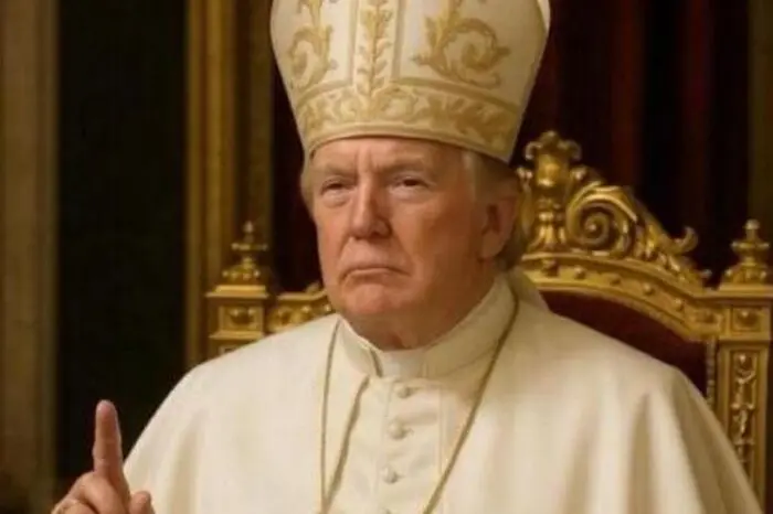 <p>Donald Trump vestito da Papa (foto Ansa)</p>\\n