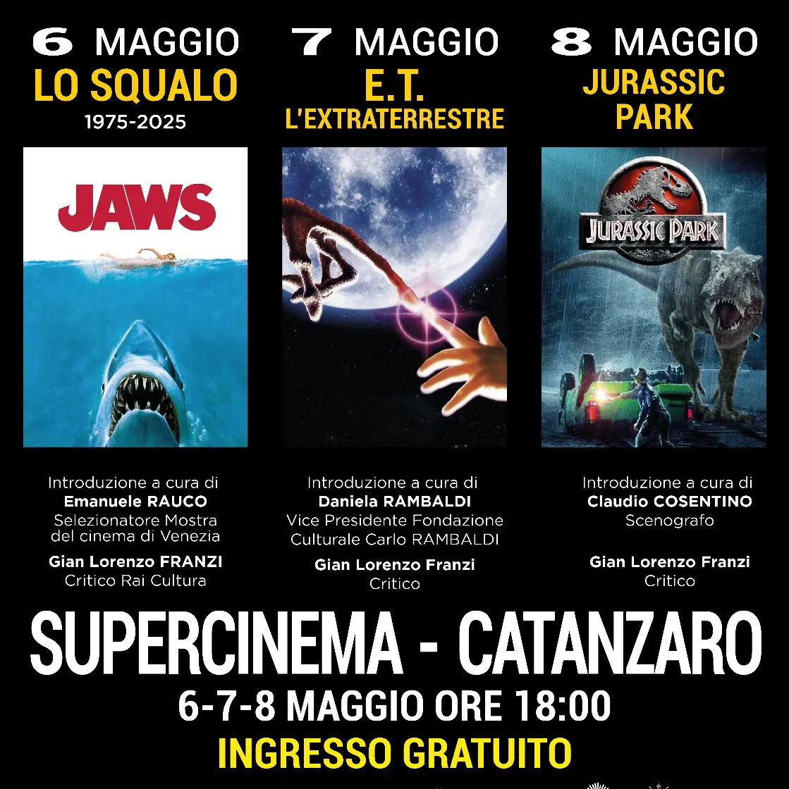 Il Politeama di Catanzaro riporta al cinema i capolavori firmati Spielberg/Williams: Lo squalo, E.T. e Jurassic Park\n