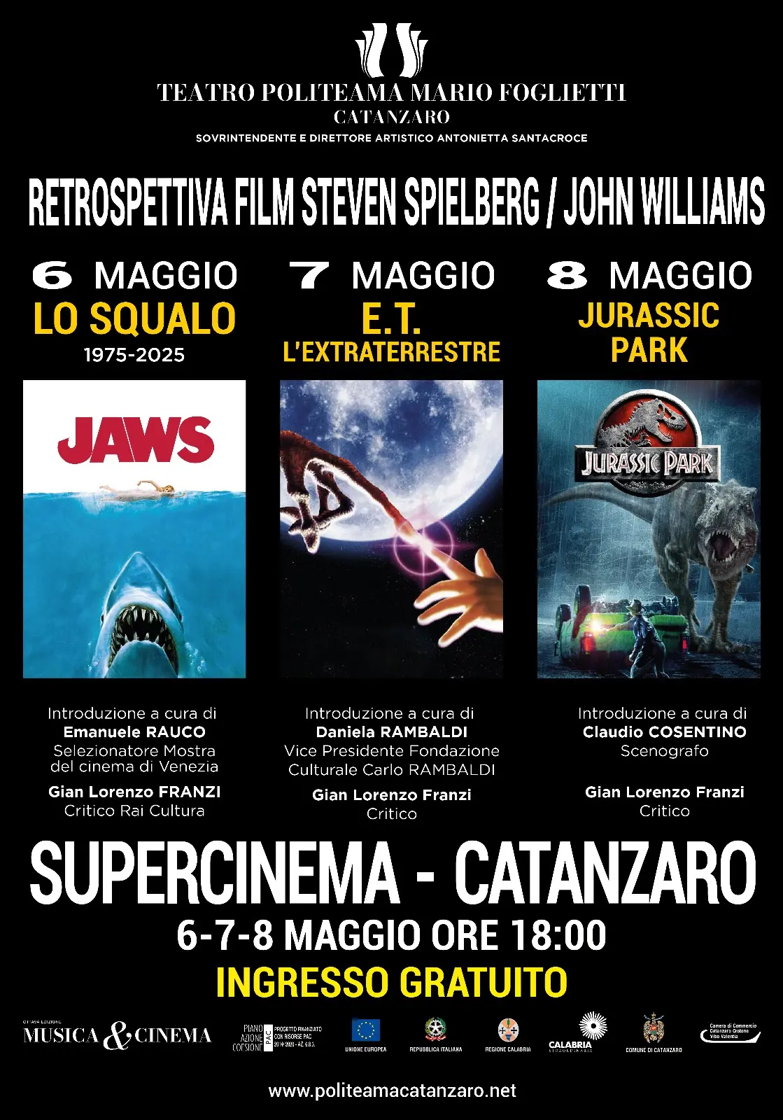 Il Politeama di Catanzaro riporta al cinema i capolavori firmati Spielberg/Williams: Lo squalo, E.T. e Jurassic Park\n