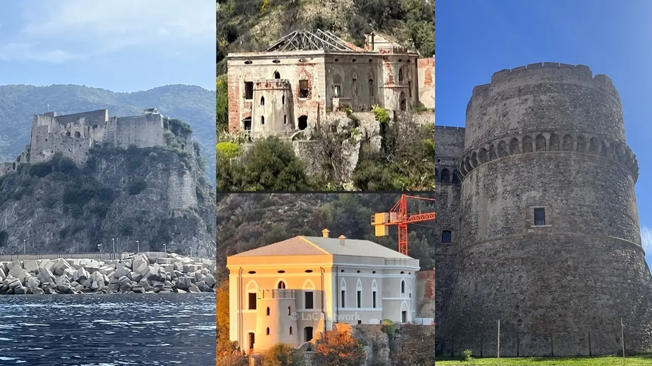 <p>Il castello Ruffo di Scilla dal mare, il castello di Palizzi prima&nbsp;e dopo&nbsp;lavori di recupero, il castello Aragonese di Reggio</p>\\n