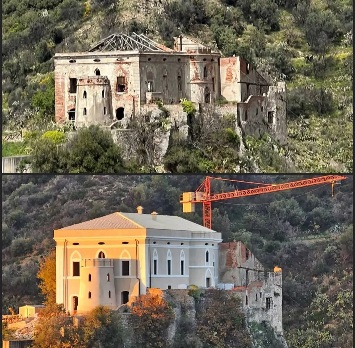 Castello di Palizzi prima e dopo i lavori di recupero