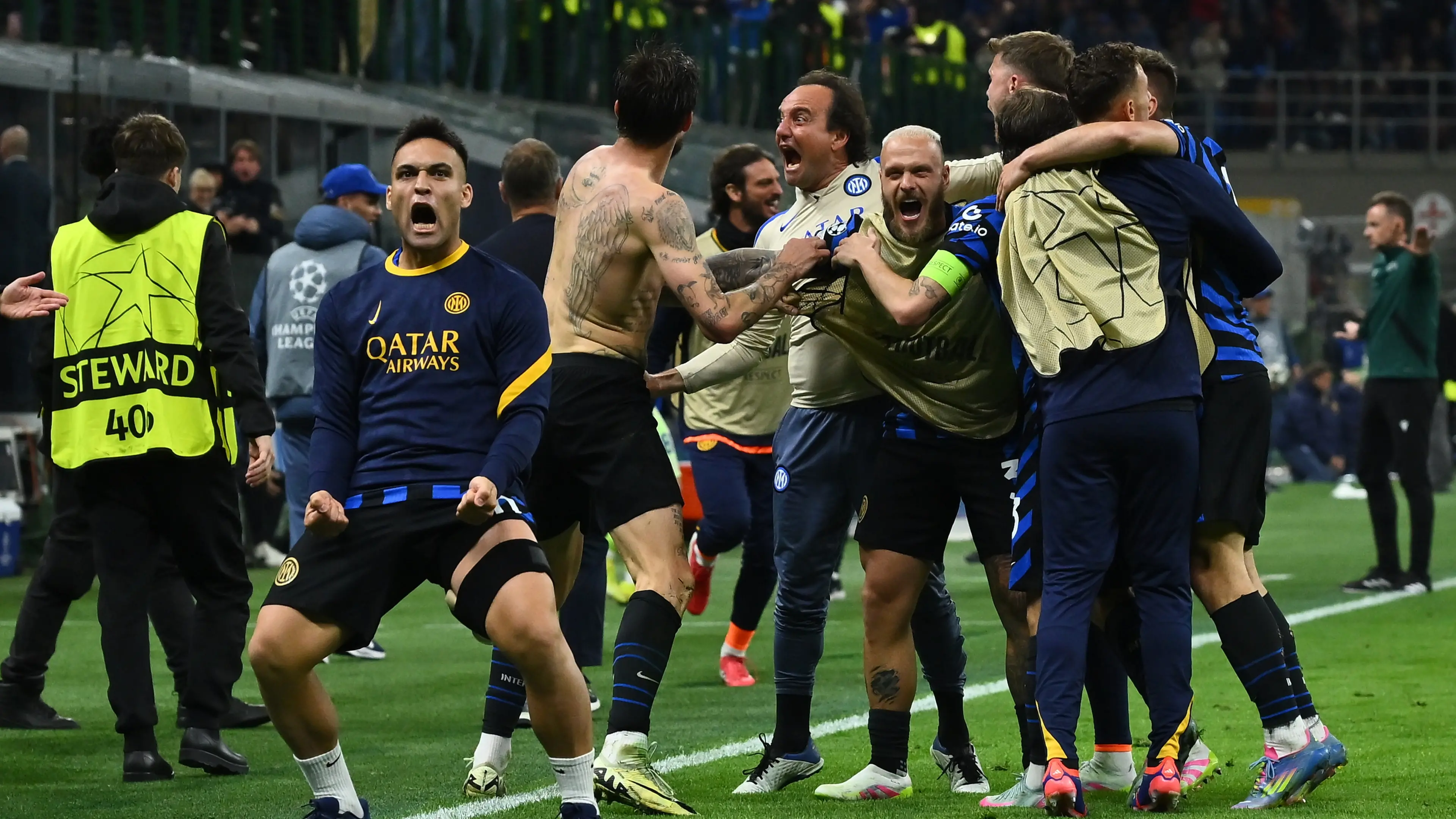 Francesco Acerbi of F.C. Inter celebrates after scoring the goal of 3-3 during the UEFA Champions League 2024/25 Semi Final Second Leg match between FC Internazionale Milano and FC Barcelona at San Siro Stadium on May 6, 2025 in Milan, Italy