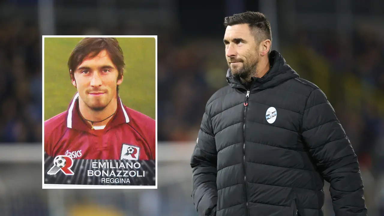 Nel riquadro Emiliano Bonazzoli all\\'epoca della Reggina (figurine Panini 2002-2003)