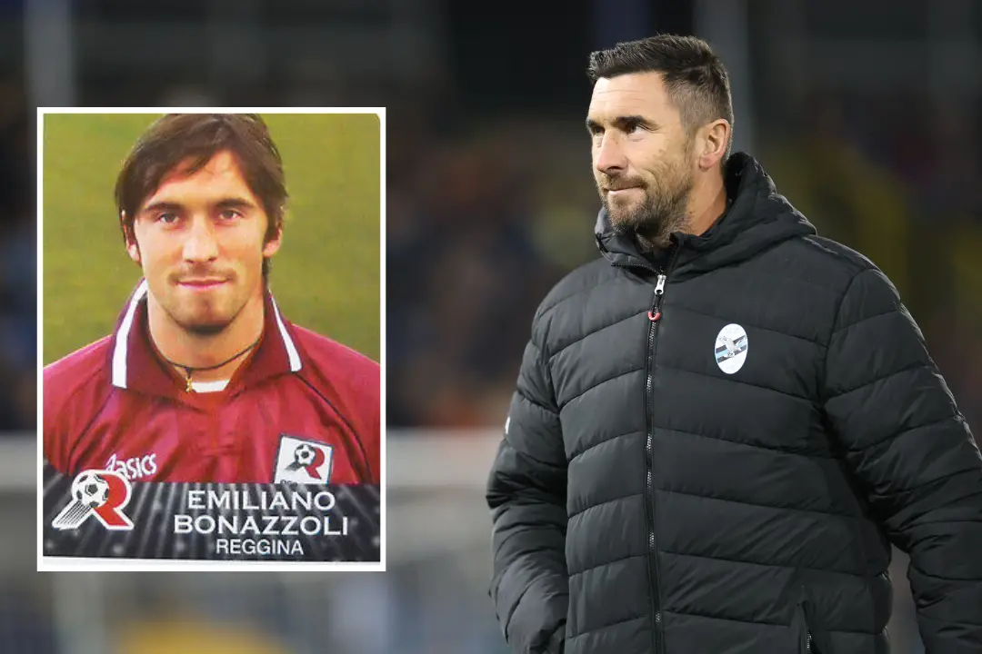Nel riquadro Emiliano Bonazzoli all\\'epoca della Reggina (figurine Panini 2002-2003)