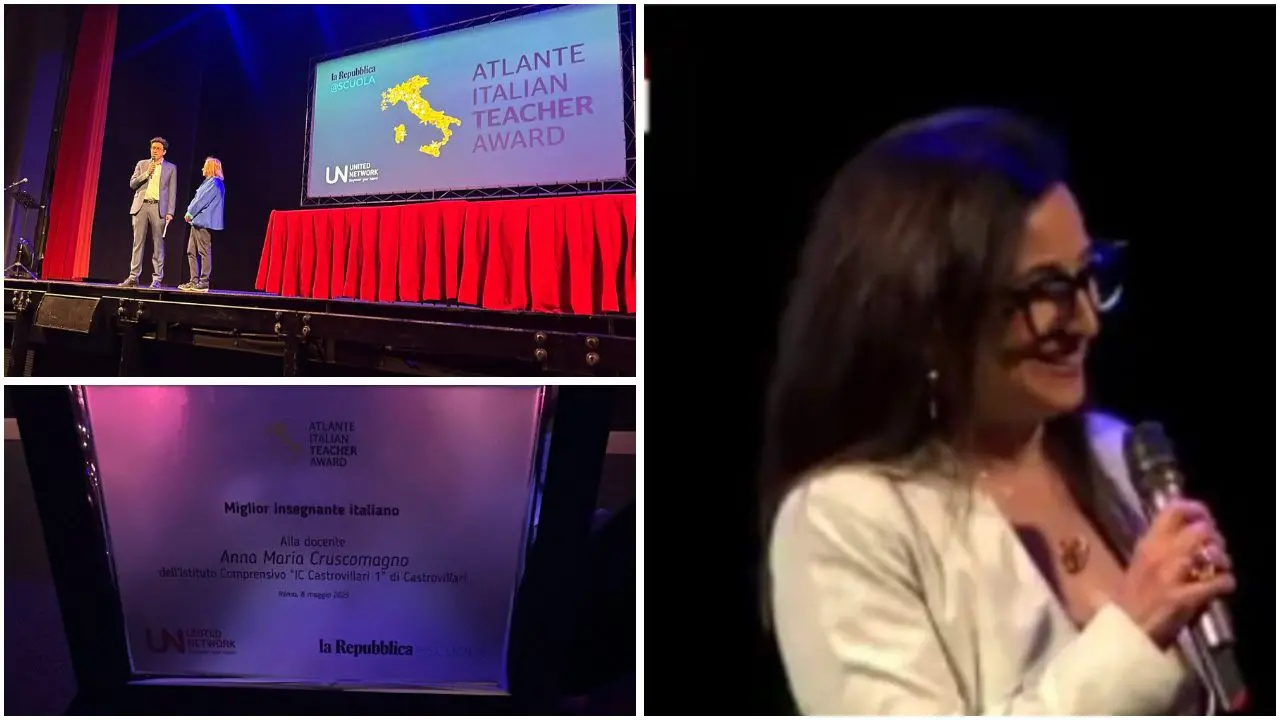 <p>Anna Maria Cruscomagno durante la cerimonia di premiazione (da Facebook Istituto Comprensivo Castrovillari)</p>\\n