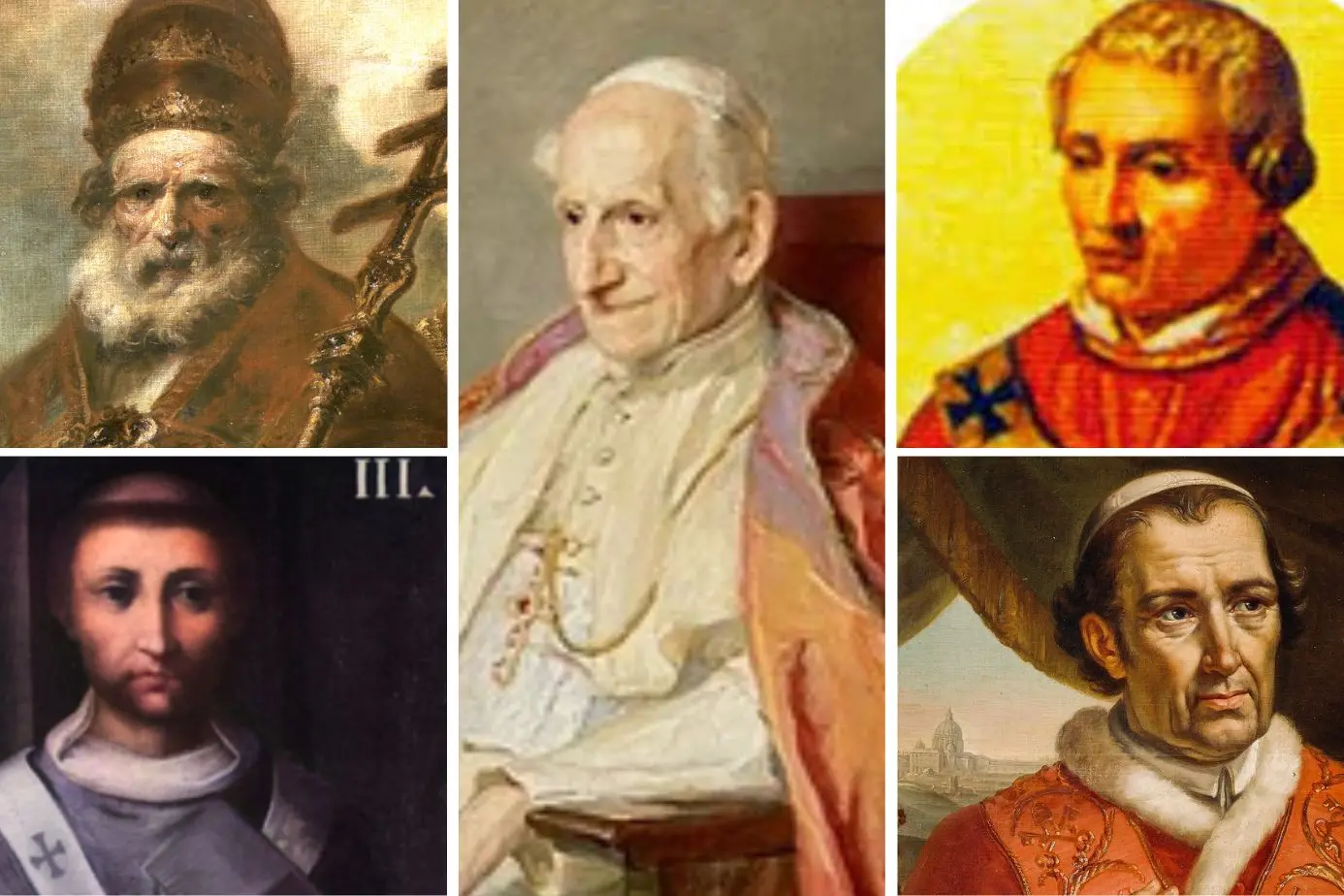 <p>A sinistra dall&#39;alto, Leone I e Leone III. A destra, Leone VIII e Leone XII. Al centro, Leone XIII</p>\\n