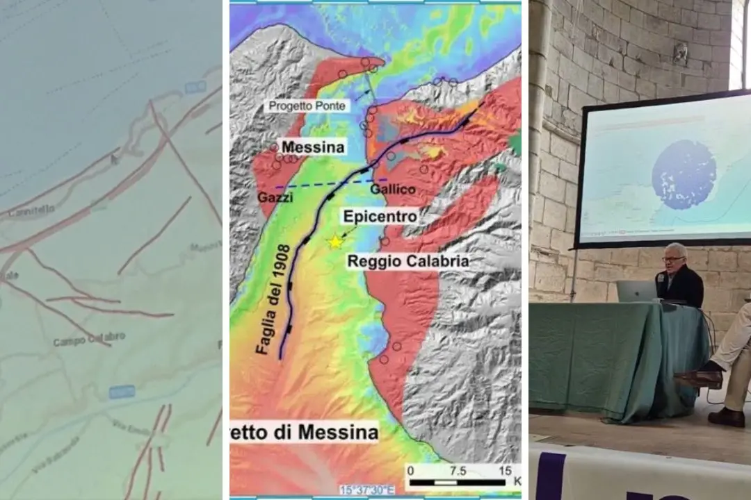 <p>Da sinistra: le faglie sul versante calabrese dello Stretto, una rappresentazione della faglia del terremoto del 1908 e, alle spalle di Doglioni, la rosa degli eventi sismici degli ultimi 40 anni nell&#39;area</p>\\n