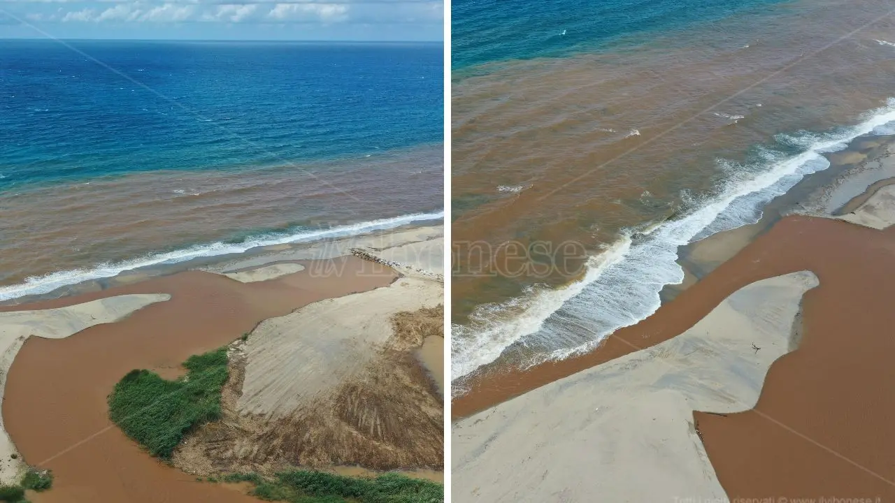 Da blu a marrone,\u00A0cambia colore il mare a Pizzo invaso dal fango del fiume Angitola\n