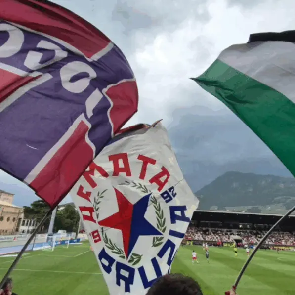 Bandiera della Palestina esposta durante la partita Sudtirol-Cosenza, multati tifosi rossoblù\n