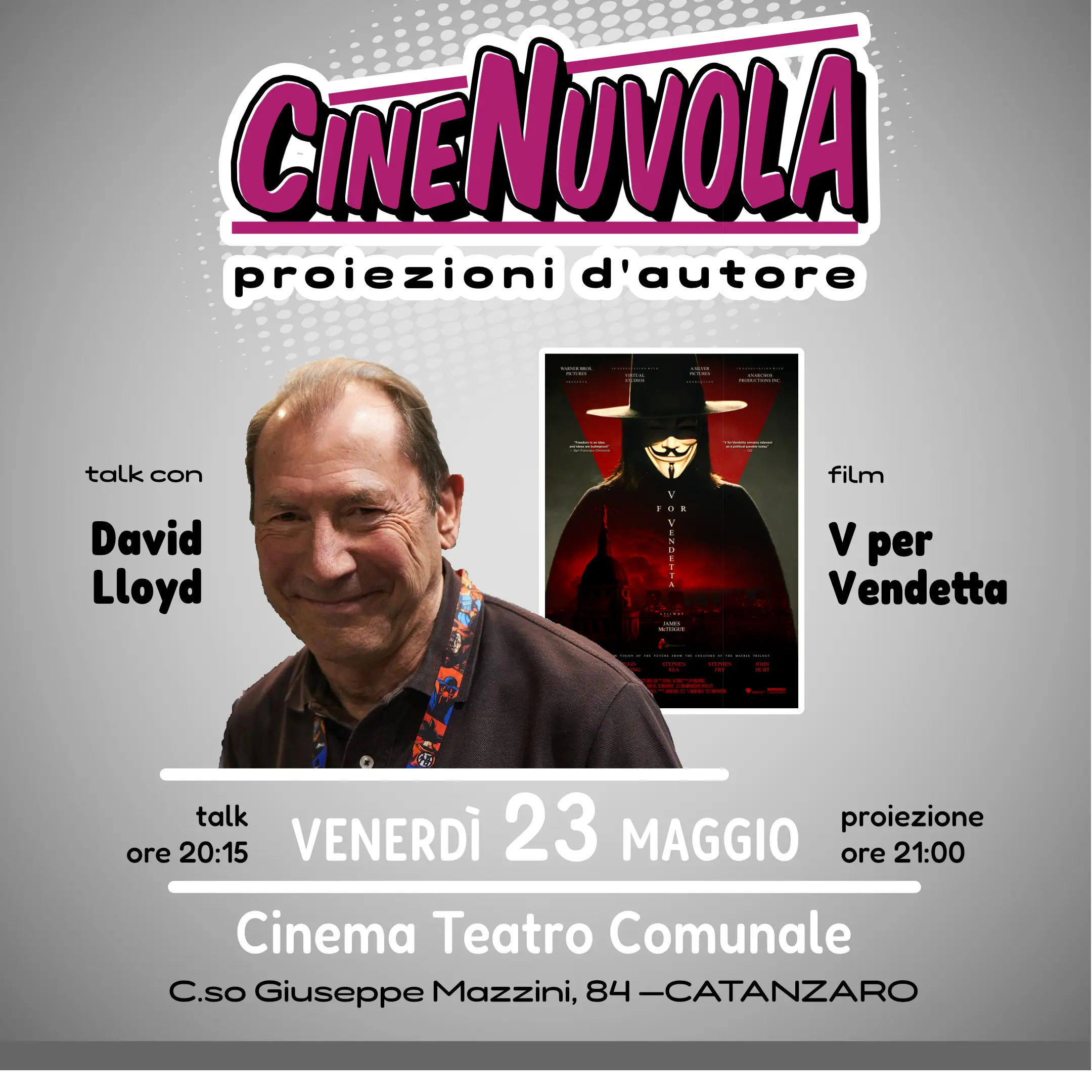 Nuvola Comics, domani a Catanzaro il talk con David Lloyd e la proiezione di \"V for Vendetta\"\n