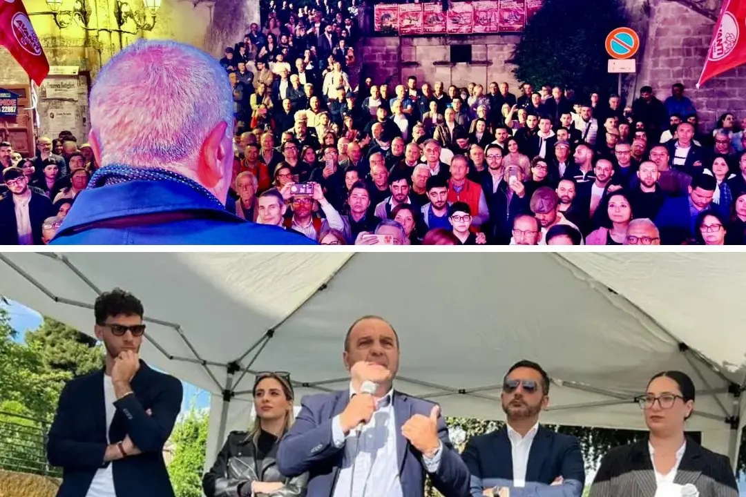 <p>In alto: un comizio di Sandro Principe nel centro storico di Rende. Sotto: una manifestazione elettorale&nbsp;di Bevilacqua a Lamezia</p>\\n