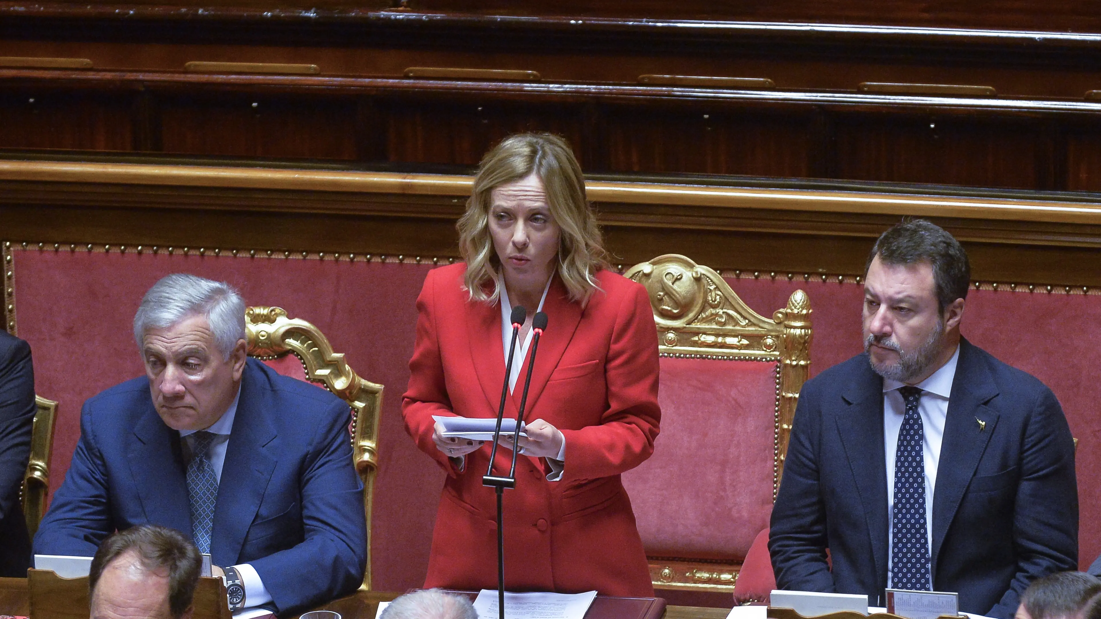 <p>Tajani, Meloni e Salvini sui banchi del governo</p>\\n , Stefano Carofei