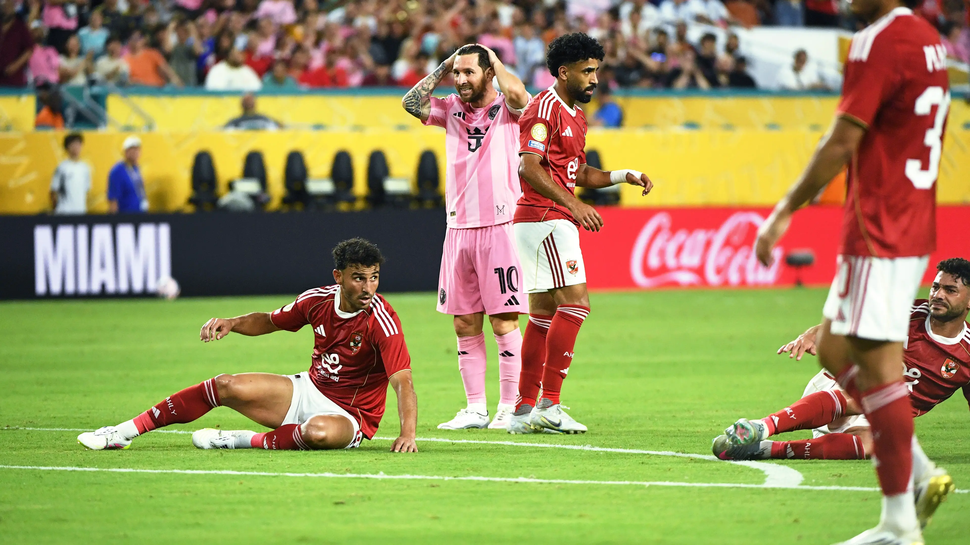 Inter Miami forward Lionel Messi (10) reacts to missing a goal at the FIFA Club World Cup June 14, 2025 in Miami, Florida. (Photo by JC Ruiz/Sipa USA) , JC Ruiz/Sipa USA