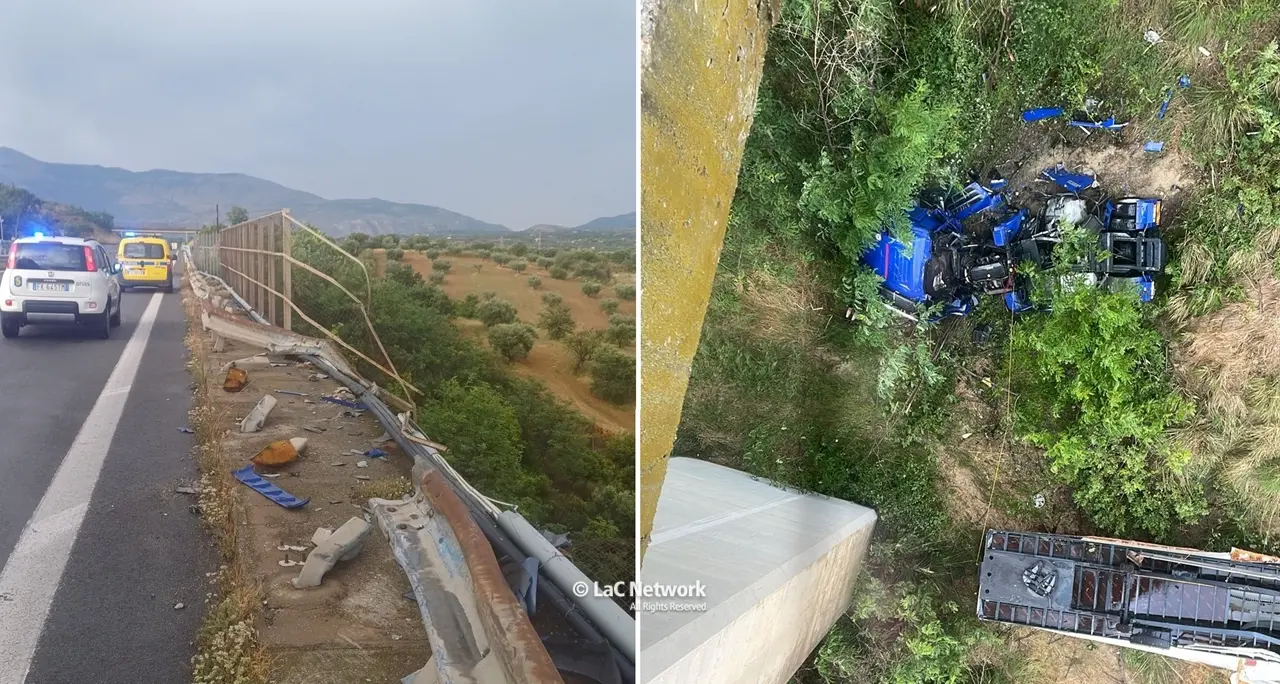 Forti raffiche di vento nel Cosentino, tir precipita dal viadotto Salso sull’A2: illesi i due occupanti\n