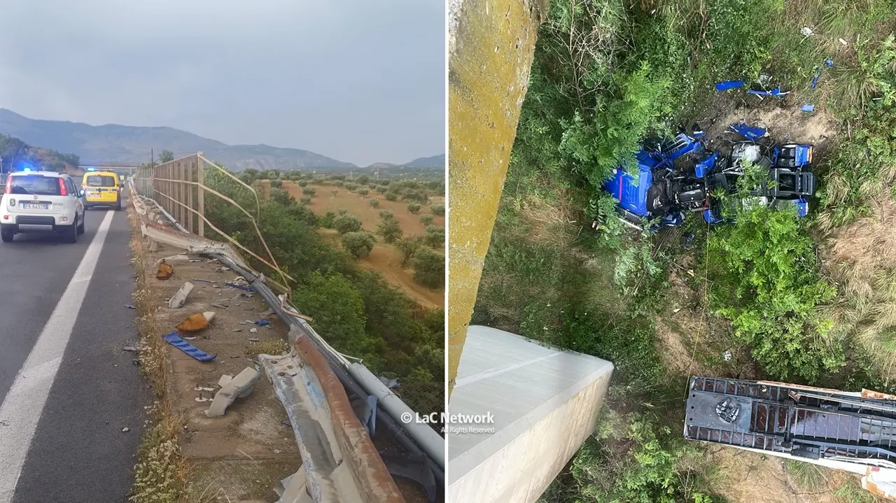 Forti raffiche di vento nel Cosentino, tir precipita dal viadotto Salso sull’A2: illesi i due occupanti\n