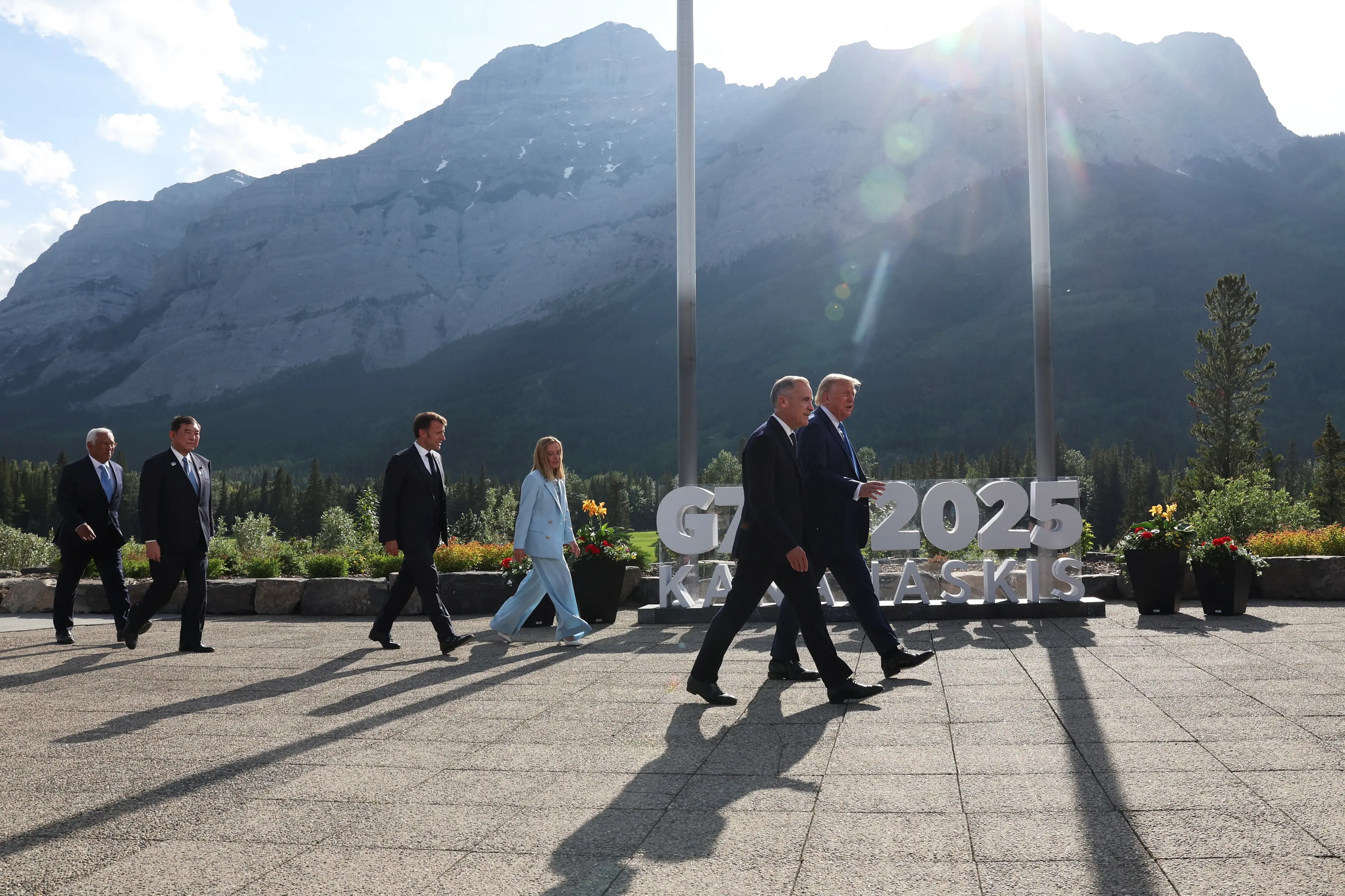 European Council President Antonio Costa, Japan\\'s Prime Minister Shigeru Ishiba, Italian Prime Minister Giorgia Meloni, French President Emmanuel Macron, Canada\\'s Prime Minister Mark Carney and US President Donald Trump leave after a family photo session during the G7 summit in Kananaskis, Alberta, Canada. Picture date: Monday June 16, 2025. , PA
