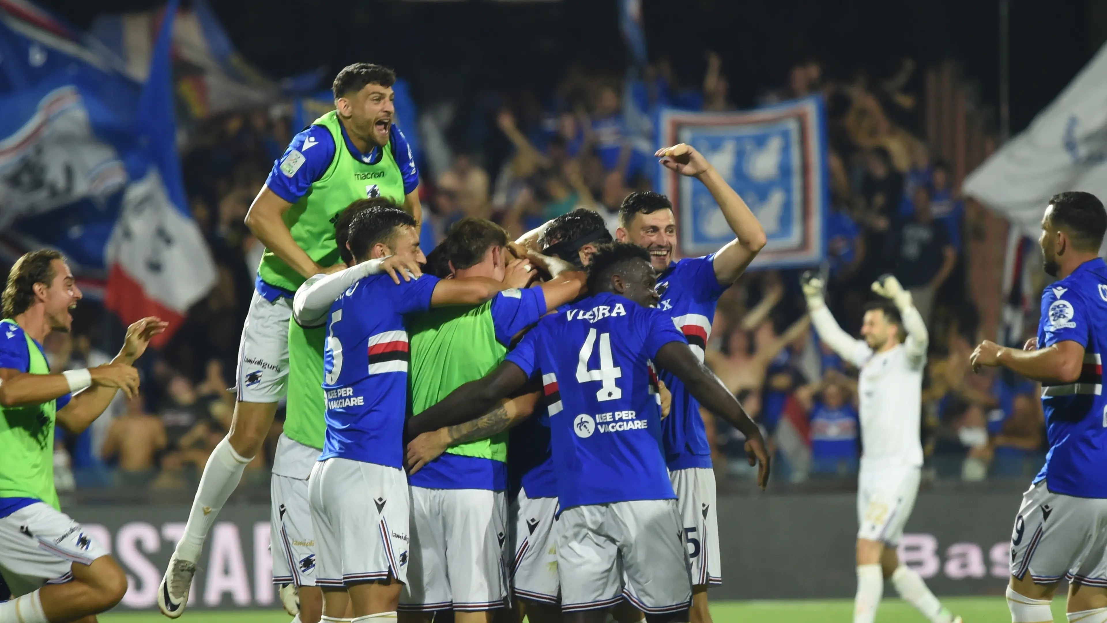 Giuseppe Sibilli of UC Sampdoria rejoices after scoring a goal of 0-2 during the PlayOut BKT betwee US Salernitana 1919 vs UC Sampdoaia at Arechi Stadium