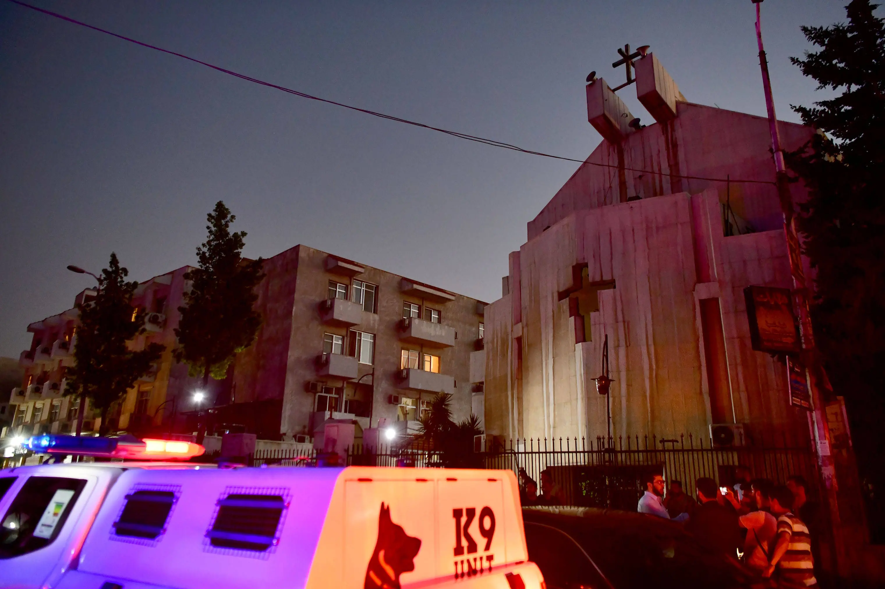 (250623) -- DAMASCUS, June 23, 2025 (Xinhua) -- People gather outside the Mar Elias Church, where a suicide bombing took place, in the Dweilaa district on the outskirts of Damascus, Syria, June 22, 2025. A suicide bomber stormed a crowded church in the Syrian capital Damascus during Sunday mass, opening fire on worshippers before detonating his explosives, killing at least 19 people and injuring dozens more, security sources and a monitoring group said. The Syrian health authorities put the latest official death toll at 13, with 53 others wounded. (Photo by Ammar Safarjalani/Xinhua) - Ammar Safarjalani -//CHINENOUVELLE_XxjpbeE007060_20250623_PEPFN0A001/Credit:CHINE NOUVELLE/SIPA/2506230756