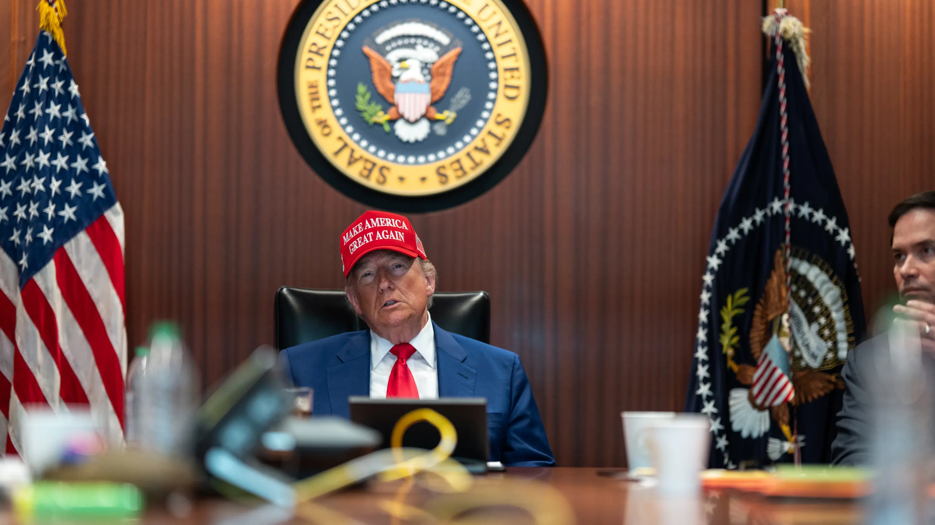 In this photo released by the White House on X President Donald J. Trump is seen in The Situation Room along with Vice President JD Vance, Secretary of Defense Pete Hegseth, Secretary of State Marco Rubio, Chairman of the Joint Chiefs of Staff Gen. Dan Caine, and White House chief of staff Susie Wiles in Washington DC on June 21, 2025. The US struck 3 nuclear facilities (Fordow, Natanz and Isfahan) in Iran on June 21, 2025. (Photo by White House via Sipa USA) , Pool/Sipa USA