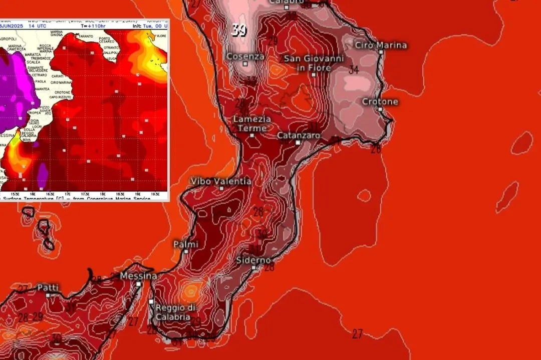 <p>Il quadro delle temperature attese nei prossimi giorni in Calabria. Nel riquadro, le temperature in mare</p>\\n