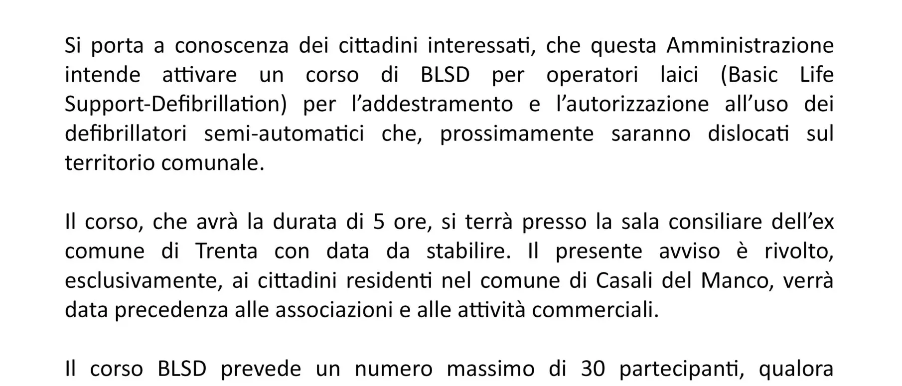 Casali del Manco, ecco i defribillatori: un corso su come usarli