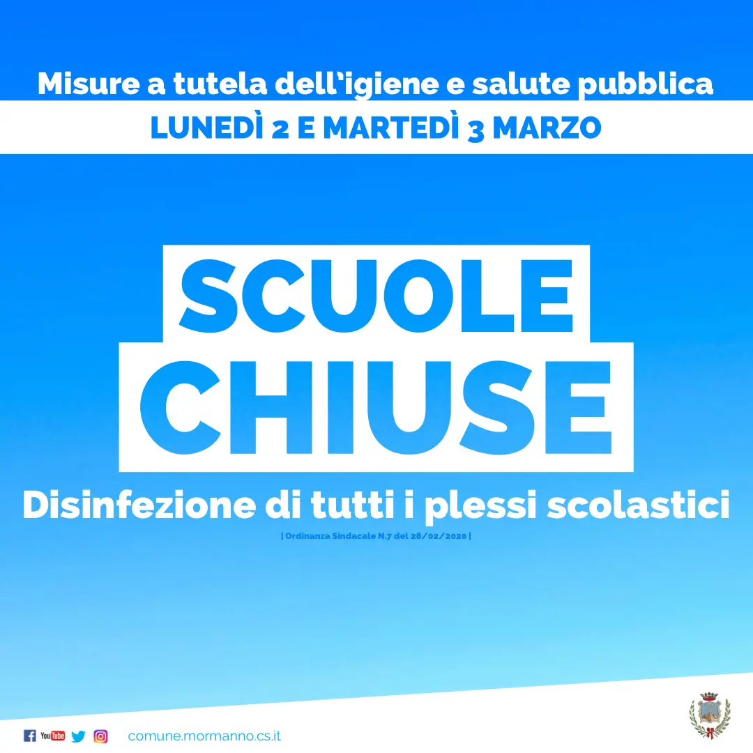 Mormanno, scuole chiuse a inizio settimana per sanificazione