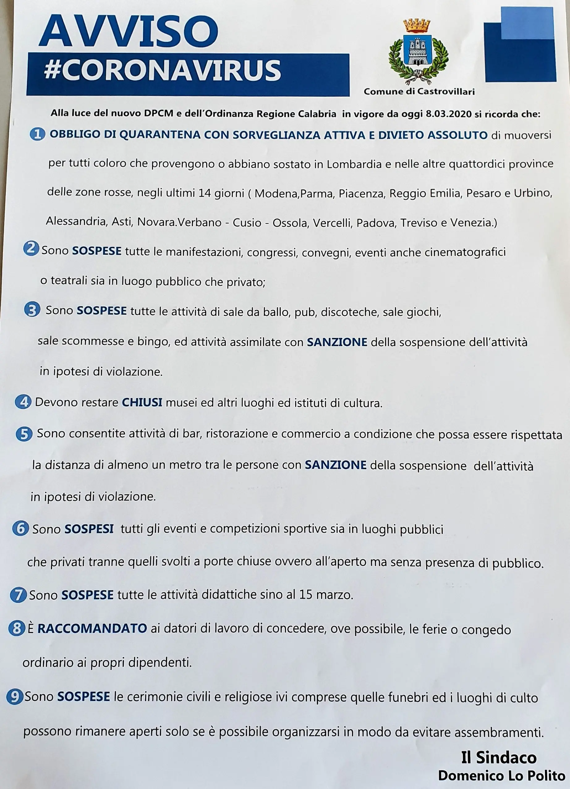 Castrovillari, Coronavirus: il Sindaco Lo Polito firma nuovi provvedimenti