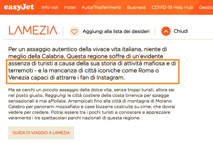 Easy Jet dà il suo benvenuto in Calabria: niente turismo e Instagram, solo terremoti e mafia